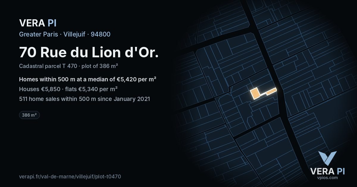 70 Rue du Lion d'Or, Villejuif at night – the plot lit, the parcels around coloured by the prices near them