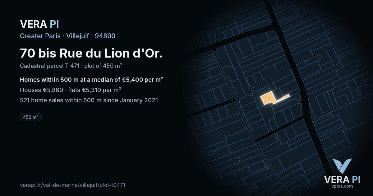 70 bis Rue du Lion d'Or, Villejuif at night – the plot lit, the parcels around coloured by the prices near them