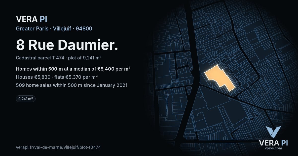 8 Rue Daumier, Villejuif at night – the plot lit, the parcels around coloured by the prices near them
