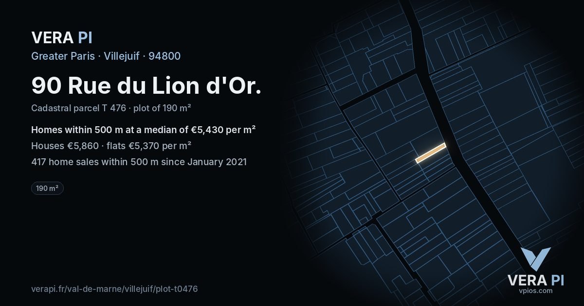 90 Rue du Lion d'Or, Villejuif at night – the plot lit, the parcels around coloured by the prices near them