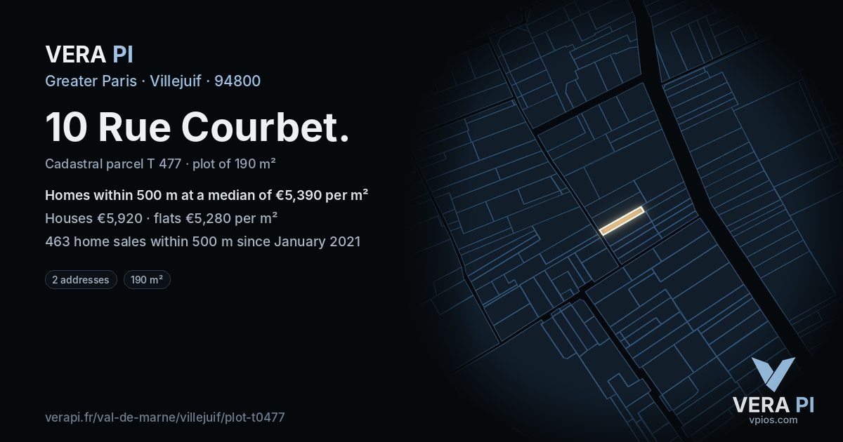 10 Rue Courbet, Villejuif at night – the plot lit, the parcels around coloured by the prices near them