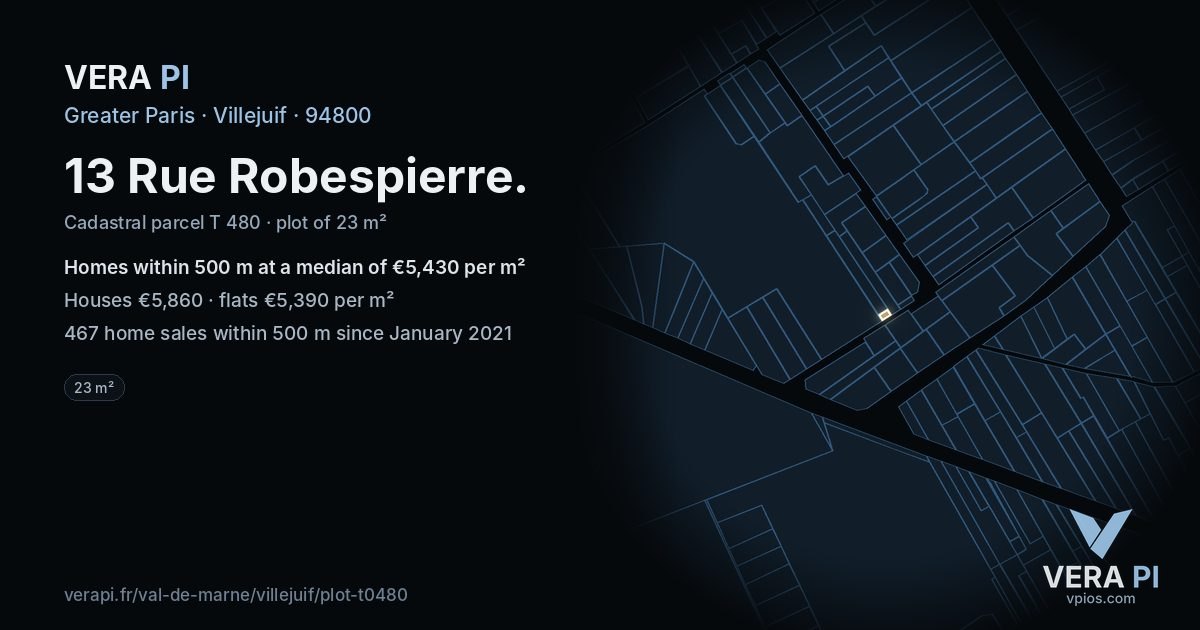 13 Rue Robespierre, Villejuif at night – the plot lit, the parcels around coloured by the prices near them