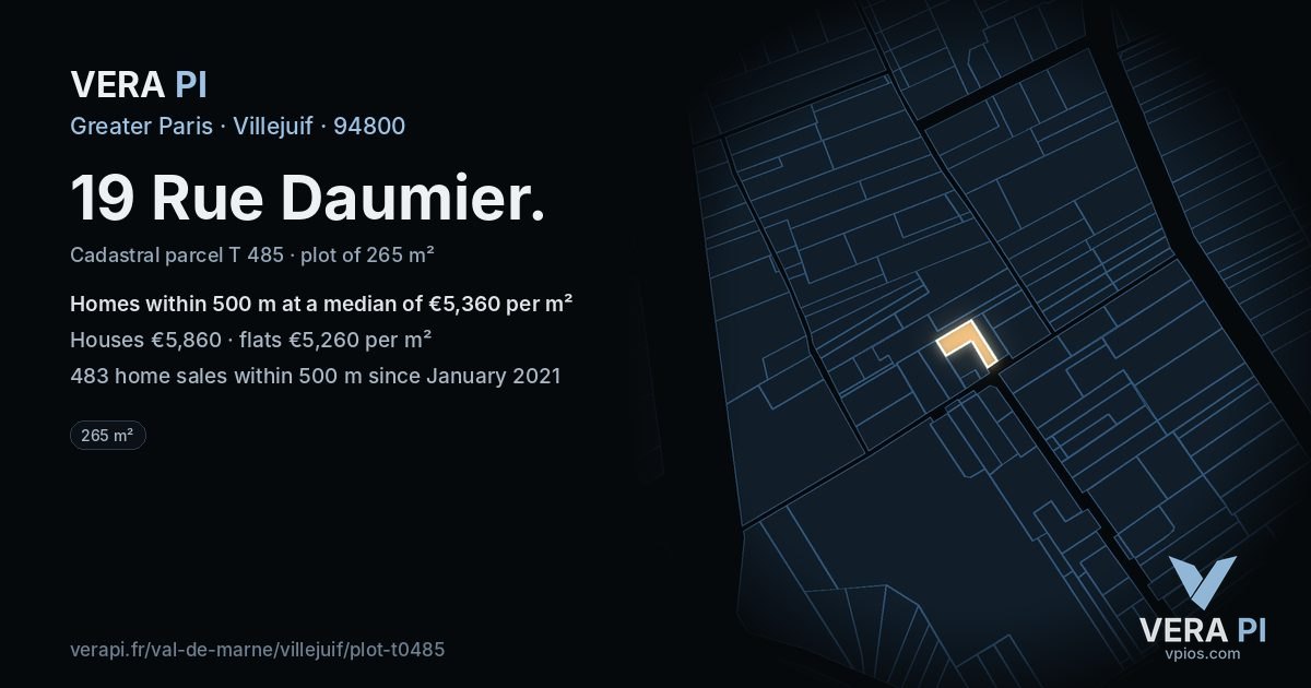 19 Rue Daumier, Villejuif at night – the plot lit, the parcels around coloured by the prices near them