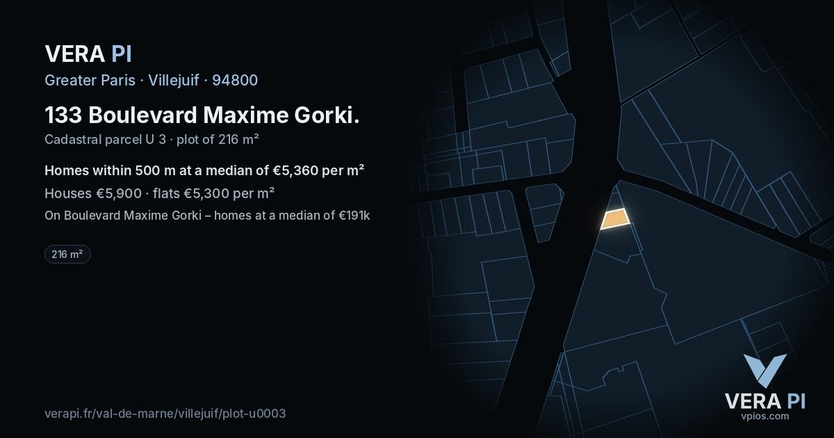 133 Boulevard Maxime Gorki, Villejuif at night – the plot lit, the parcels around coloured by the prices near them