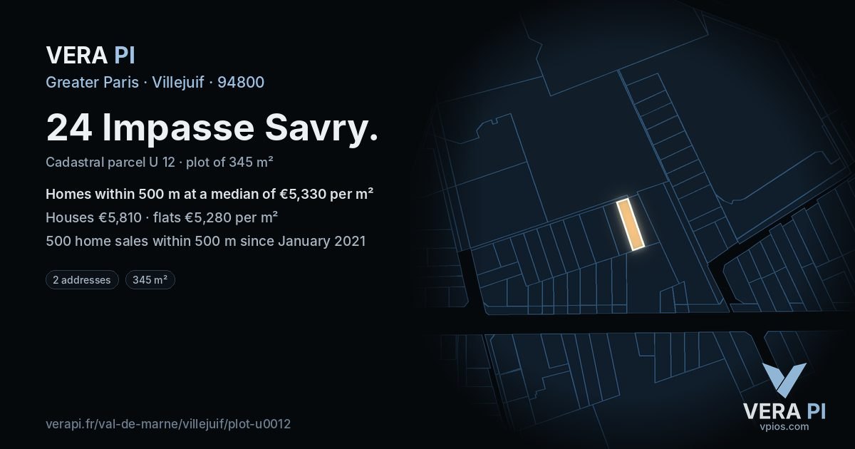 24 Impasse Savry, Villejuif at night – the plot lit, the parcels around coloured by the prices near them