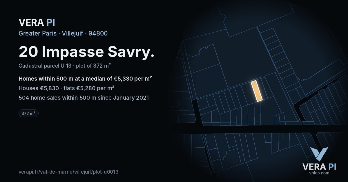 20 Impasse Savry, Villejuif at night – the plot lit, the parcels around coloured by the prices near them