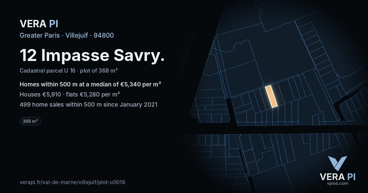 12 Impasse Savry, Villejuif at night – the plot lit, the parcels around coloured by the prices near them