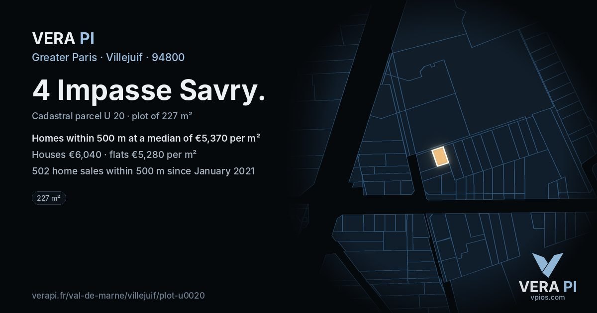 4 Impasse Savry, Villejuif at night – the plot lit, the parcels around coloured by the prices near them