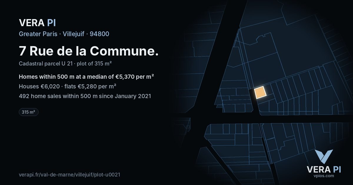 7 Rue de la Commune, Villejuif at night – the plot lit, the parcels around coloured by the prices near them