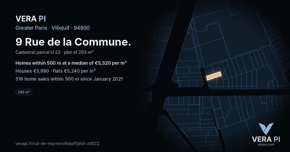 9 Rue de la Commune, Villejuif at night – the plot lit, the parcels around coloured by the prices near them