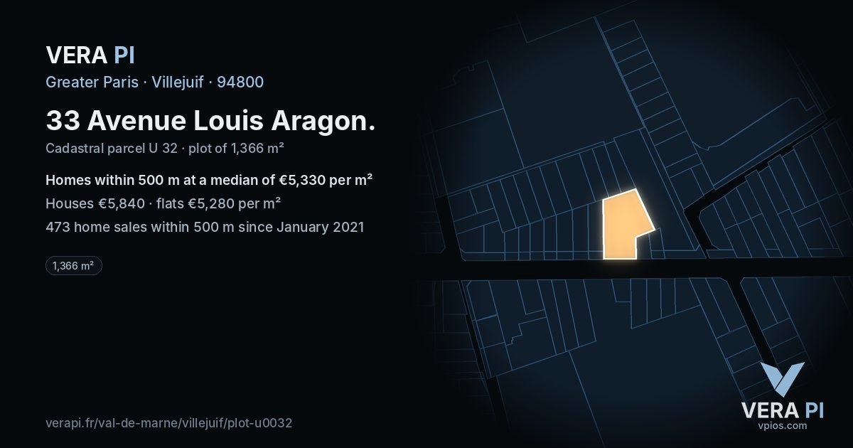 33 Avenue Louis Aragon, Villejuif at night – the plot lit, the parcels around coloured by the prices near them