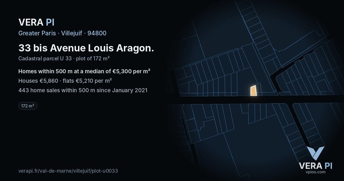33 bis Avenue Louis Aragon, Villejuif at night – the plot lit, the parcels around coloured by the prices near them