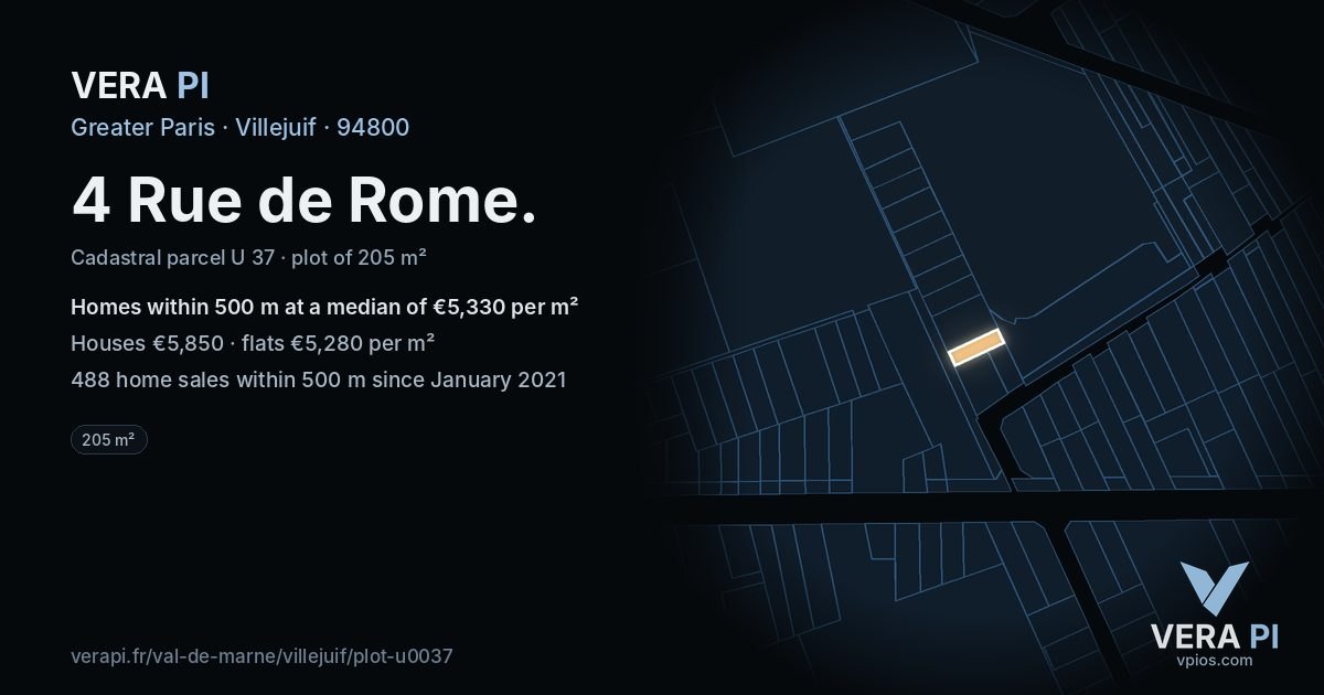 4 Rue de Rome, Villejuif at night – the plot lit, the parcels around coloured by the prices near them