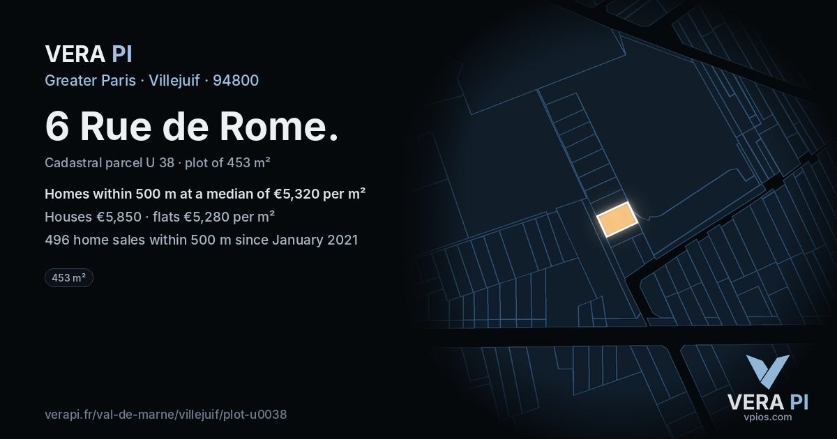 6 Rue de Rome, Villejuif at night – the plot lit, the parcels around coloured by the prices near them