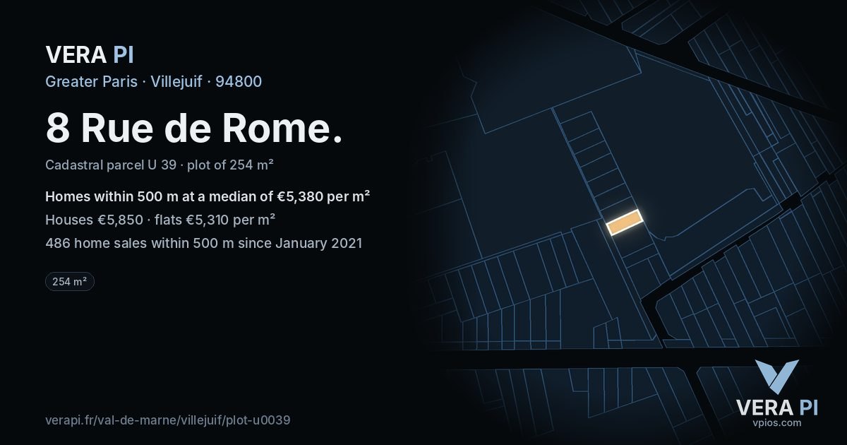 8 Rue de Rome, Villejuif at night – the plot lit, the parcels around coloured by the prices near them