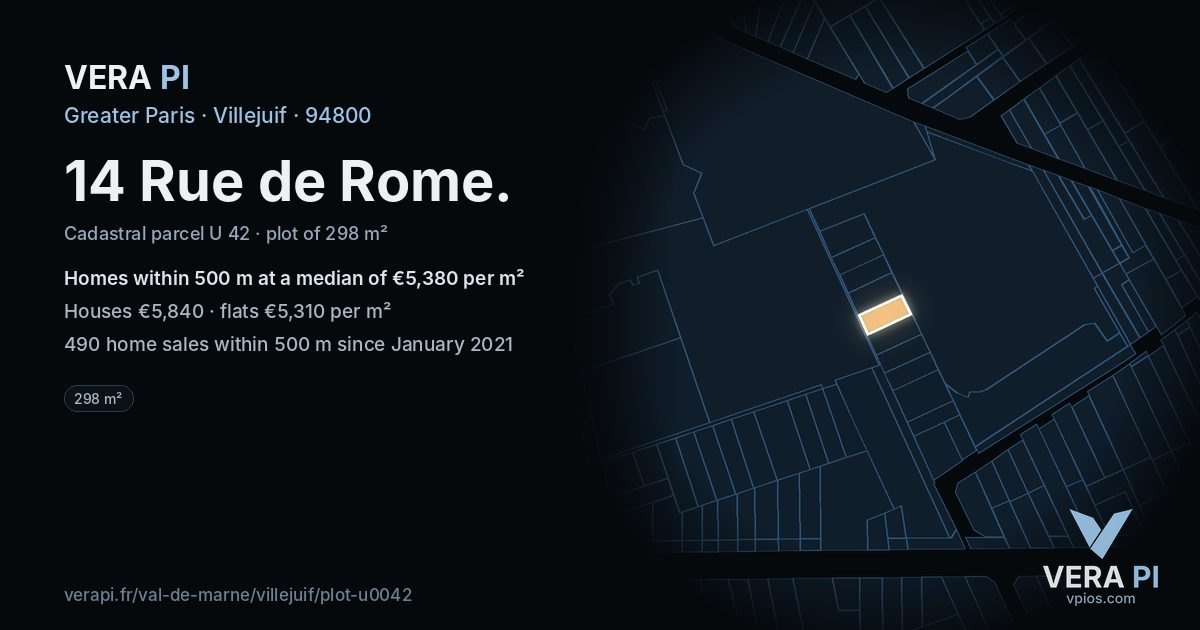 14 Rue de Rome, Villejuif at night – the plot lit, the parcels around coloured by the prices near them