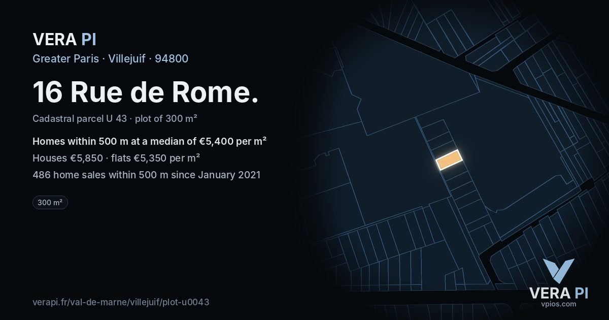 16 Rue de Rome, Villejuif at night – the plot lit, the parcels around coloured by the prices near them