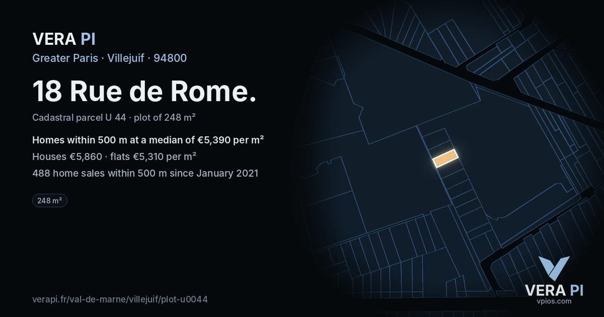 18 Rue de Rome, Villejuif at night – the plot lit, the parcels around coloured by the prices near them