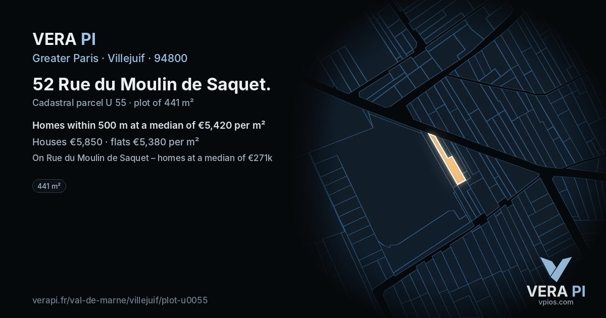 52 Rue du Moulin de Saquet, Villejuif at night – the plot lit, the parcels around coloured by the prices near them