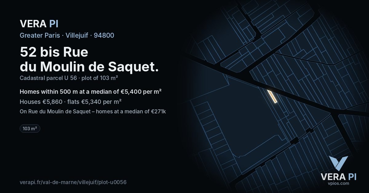 52 bis Rue du Moulin de Saquet, Villejuif at night – the plot lit, the parcels around coloured by the prices near them