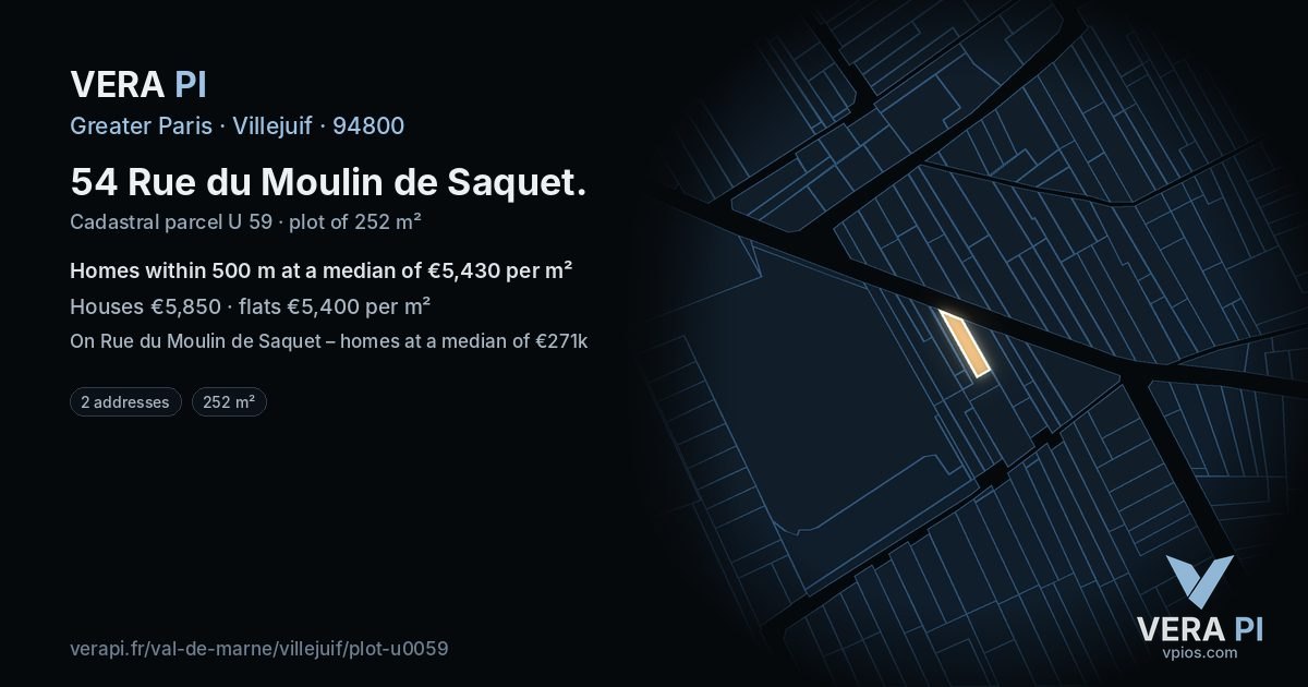 54 Rue du Moulin de Saquet, Villejuif at night – the plot lit, the parcels around coloured by the prices near them