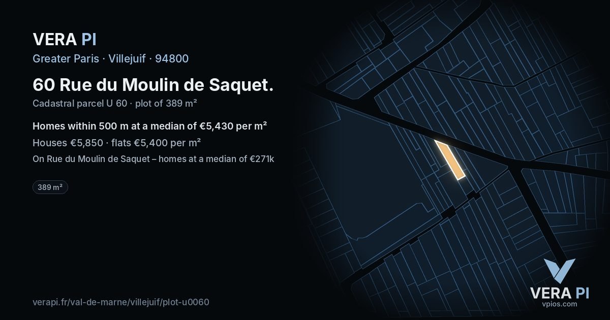 60 Rue du Moulin de Saquet, Villejuif at night – the plot lit, the parcels around coloured by the prices near them