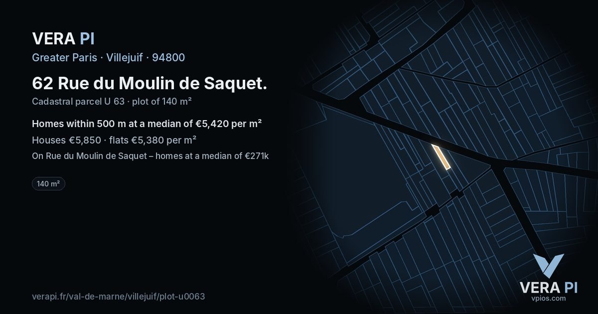 62 Rue du Moulin de Saquet, Villejuif at night – the plot lit, the parcels around coloured by the prices near them