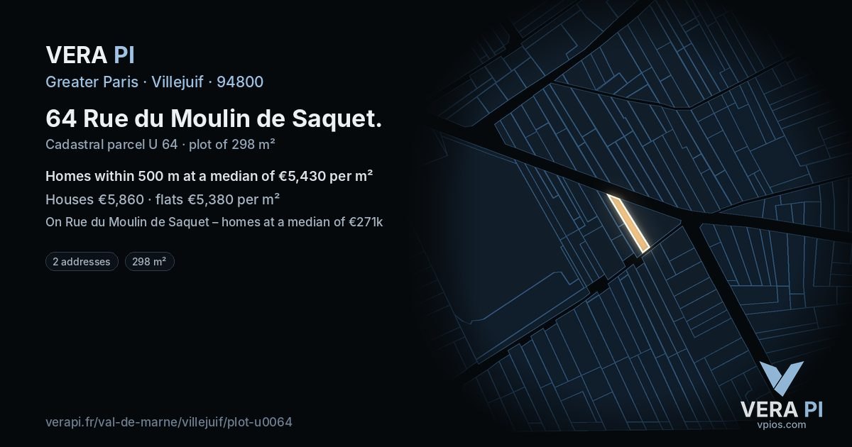 64 Rue du Moulin de Saquet, Villejuif at night – the plot lit, the parcels around coloured by the prices near them