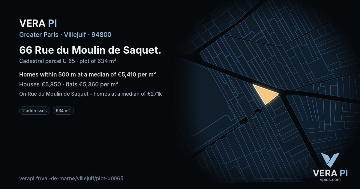 66 Rue du Moulin de Saquet, Villejuif at night – the plot lit, the parcels around coloured by the prices near them