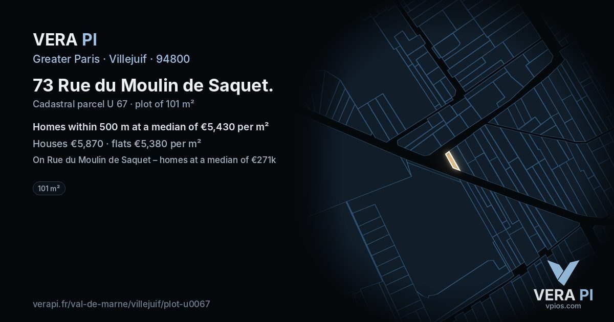 73 Rue du Moulin de Saquet, Villejuif at night – the plot lit, the parcels around coloured by the prices near them