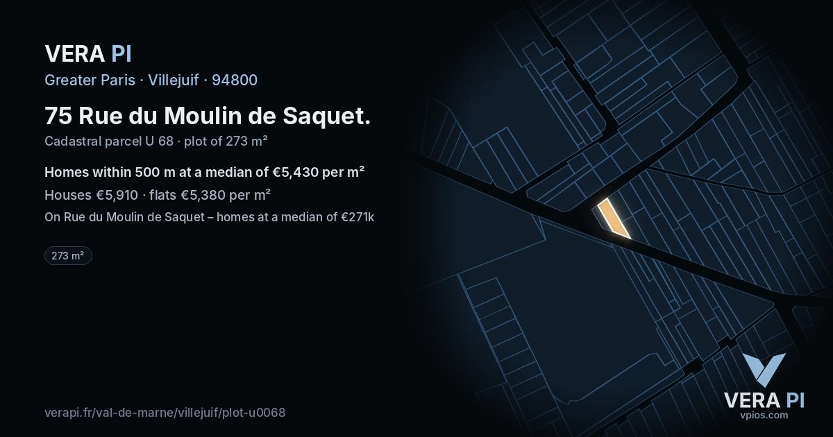 75 Rue du Moulin de Saquet, Villejuif at night – the plot lit, the parcels around coloured by the prices near them