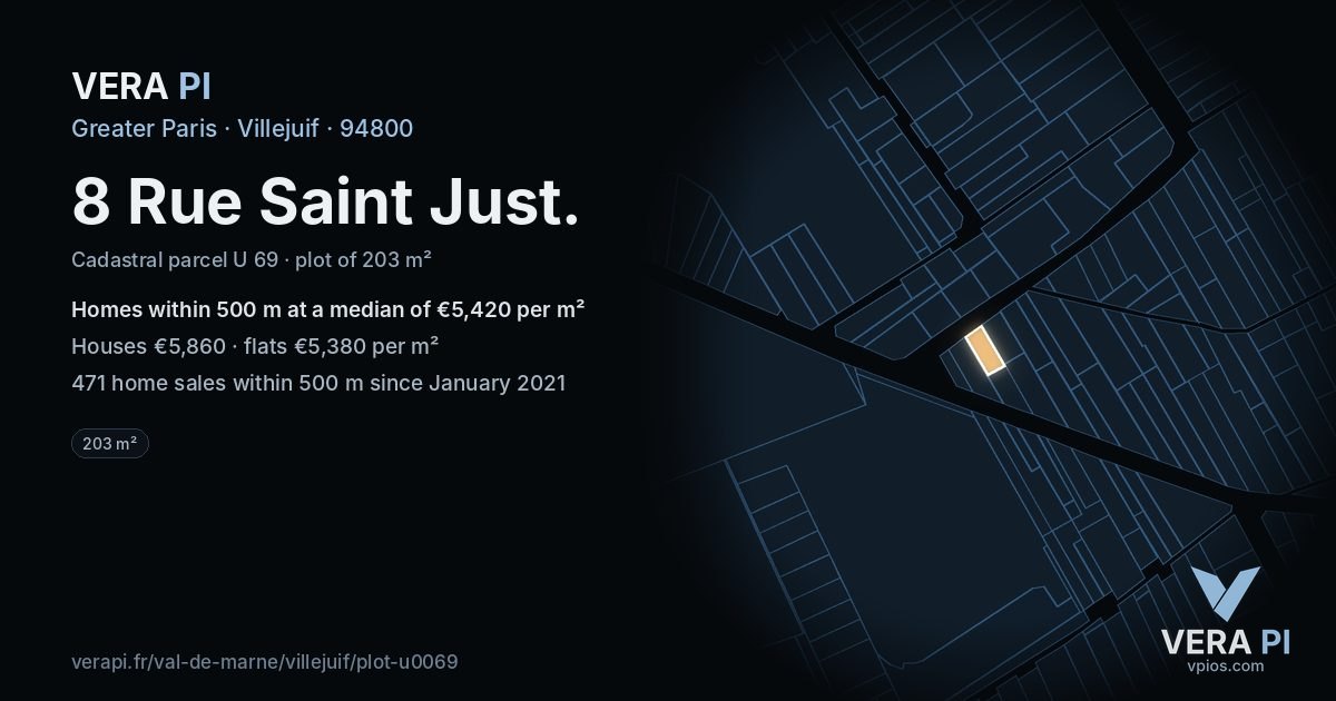 8 Rue Saint Just, Villejuif at night – the plot lit, the parcels around coloured by the prices near them