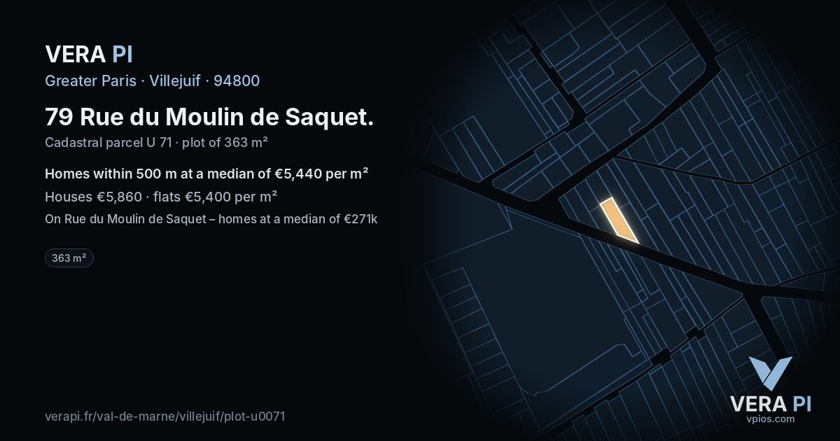 79 Rue du Moulin de Saquet, Villejuif at night – the plot lit, the parcels around coloured by the prices near them