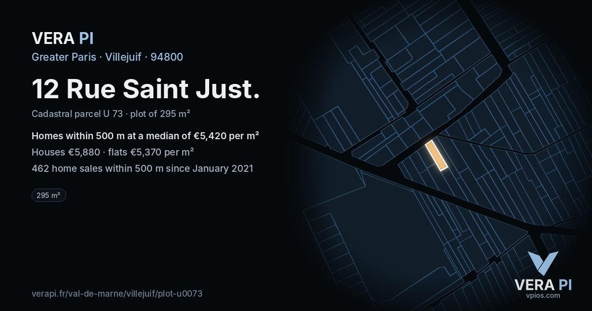 12 Rue Saint Just, Villejuif at night – the plot lit, the parcels around coloured by the prices near them