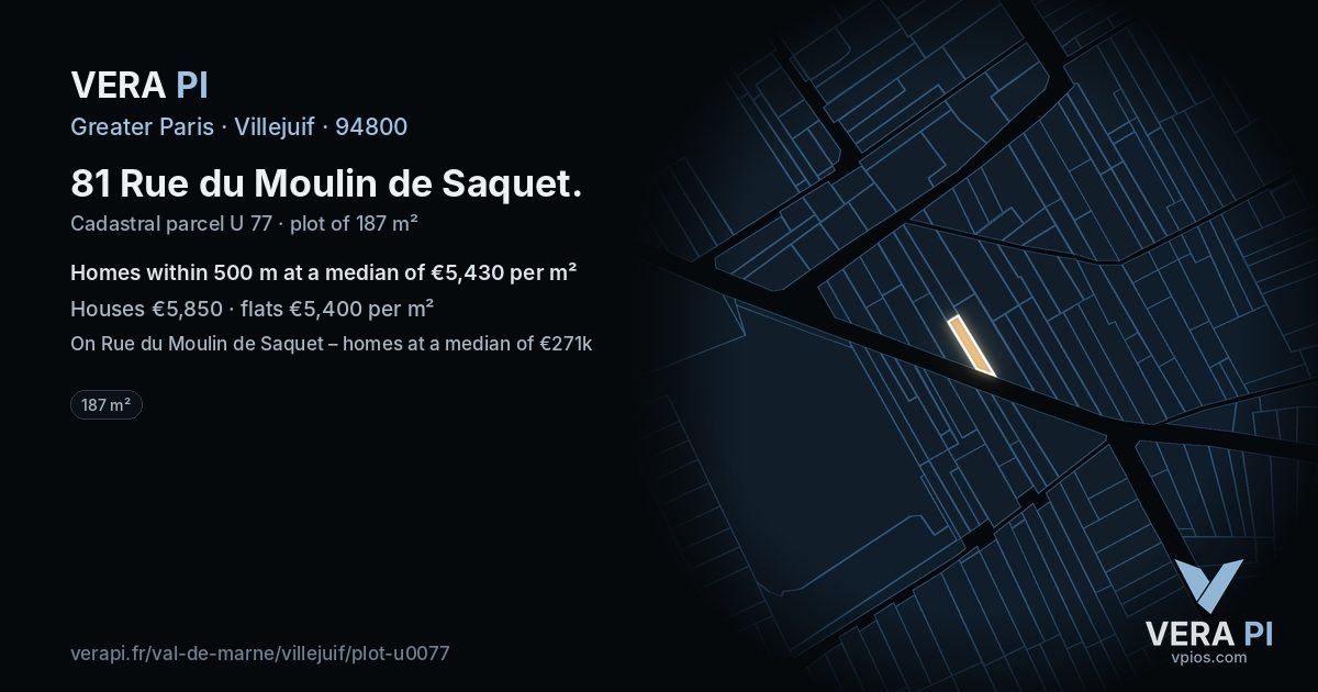 81 Rue du Moulin de Saquet, Villejuif at night – the plot lit, the parcels around coloured by the prices near them