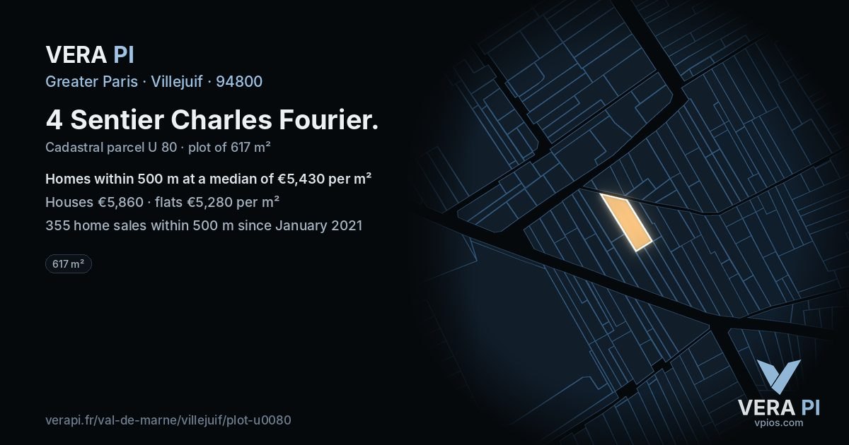 4 Sentier Charles Fourier, Villejuif at night – the plot lit, the parcels around coloured by the prices near them