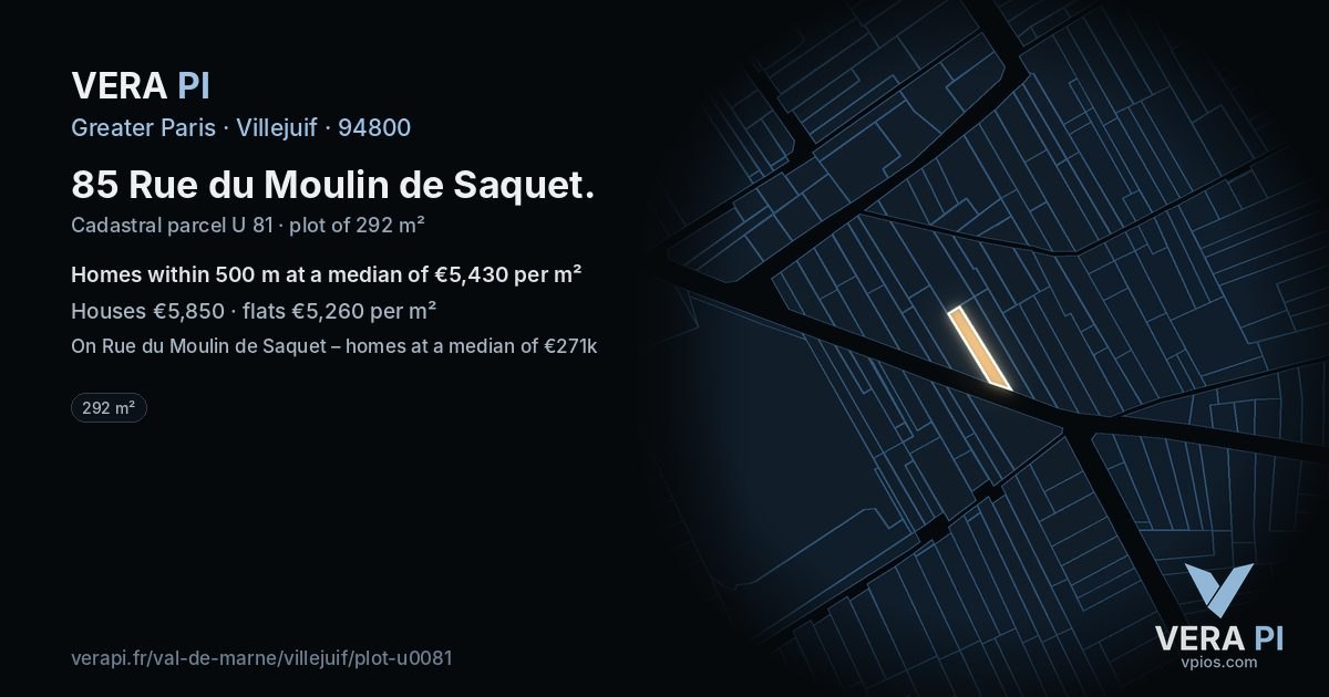 85 Rue du Moulin de Saquet, Villejuif at night – the plot lit, the parcels around coloured by the prices near them