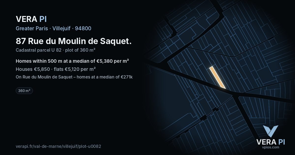87 Rue du Moulin de Saquet, Villejuif at night – the plot lit, the parcels around coloured by the prices near them