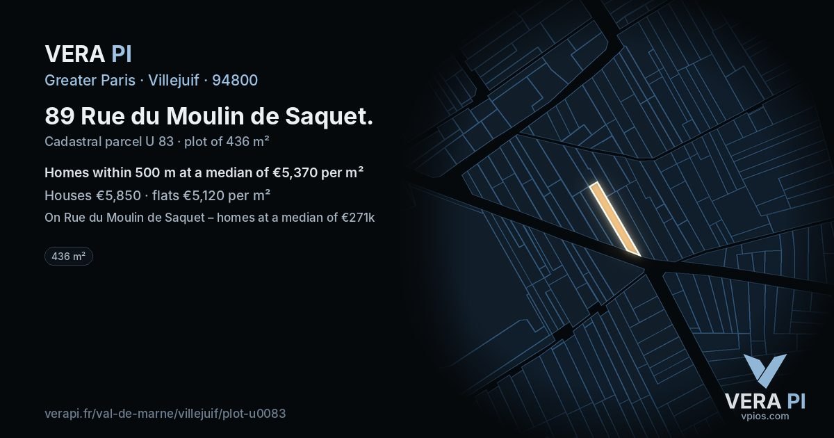 89 Rue du Moulin de Saquet, Villejuif at night – the plot lit, the parcels around coloured by the prices near them