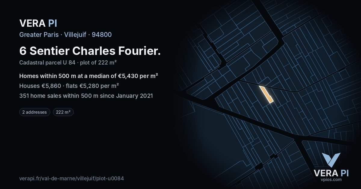6 Sentier Charles Fourier, Villejuif at night – the plot lit, the parcels around coloured by the prices near them