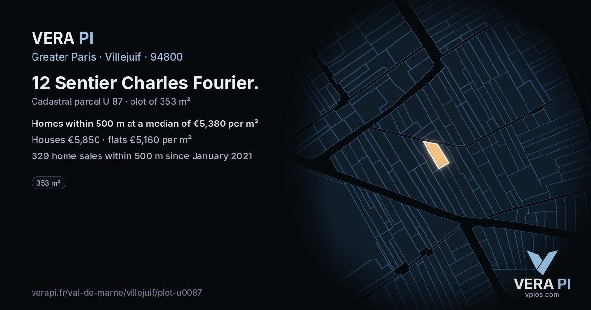 12 Sentier Charles Fourier, Villejuif at night – the plot lit, the parcels around coloured by the prices near them