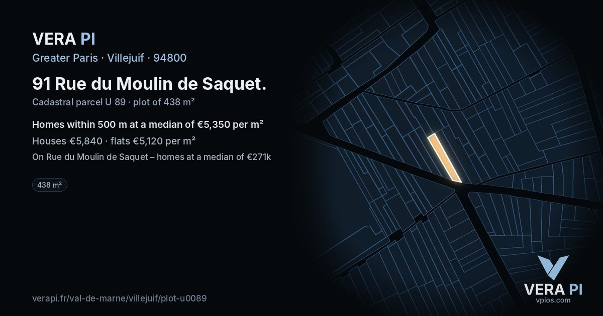 91 Rue du Moulin de Saquet, Villejuif at night – the plot lit, the parcels around coloured by the prices near them