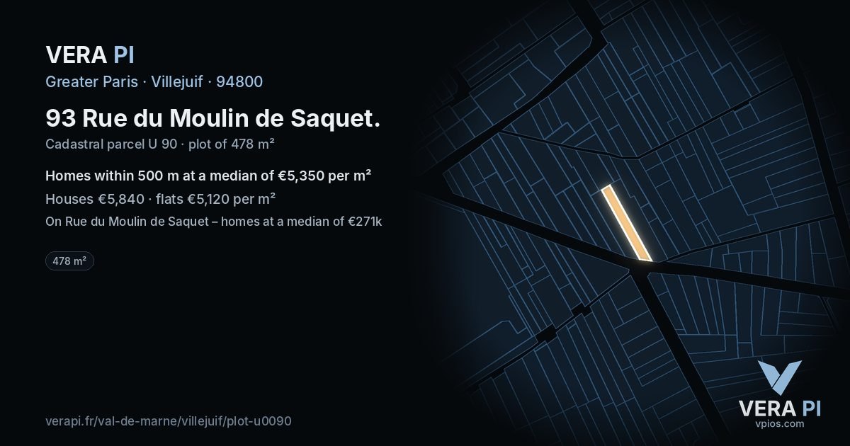 93 Rue du Moulin de Saquet, Villejuif at night – the plot lit, the parcels around coloured by the prices near them