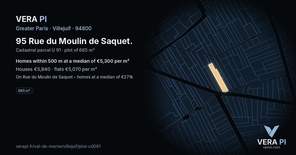 95 Rue du Moulin de Saquet, Villejuif at night – the plot lit, the parcels around coloured by the prices near them