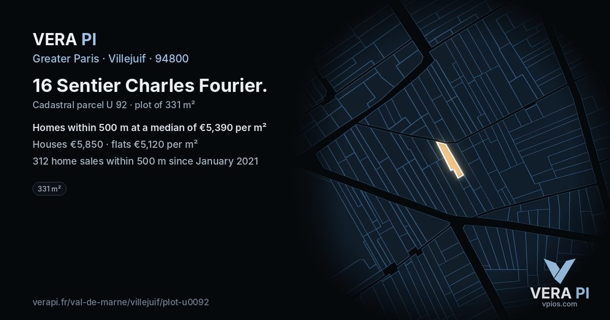 16 Sentier Charles Fourier, Villejuif at night – the plot lit, the parcels around coloured by the prices near them