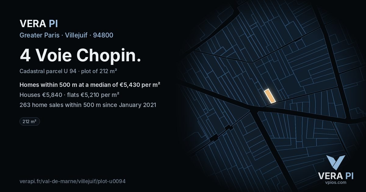 4 Voie Chopin, Villejuif at night – the plot lit, the parcels around coloured by the prices near them