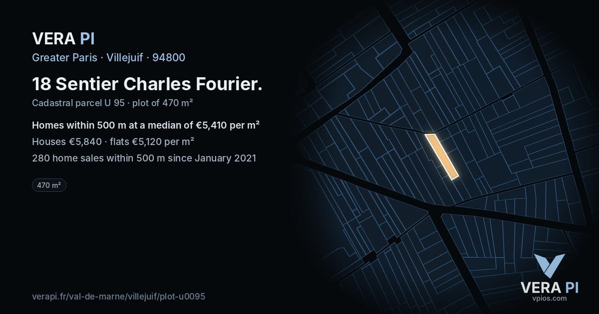 18 Sentier Charles Fourier, Villejuif at night – the plot lit, the parcels around coloured by the prices near them
