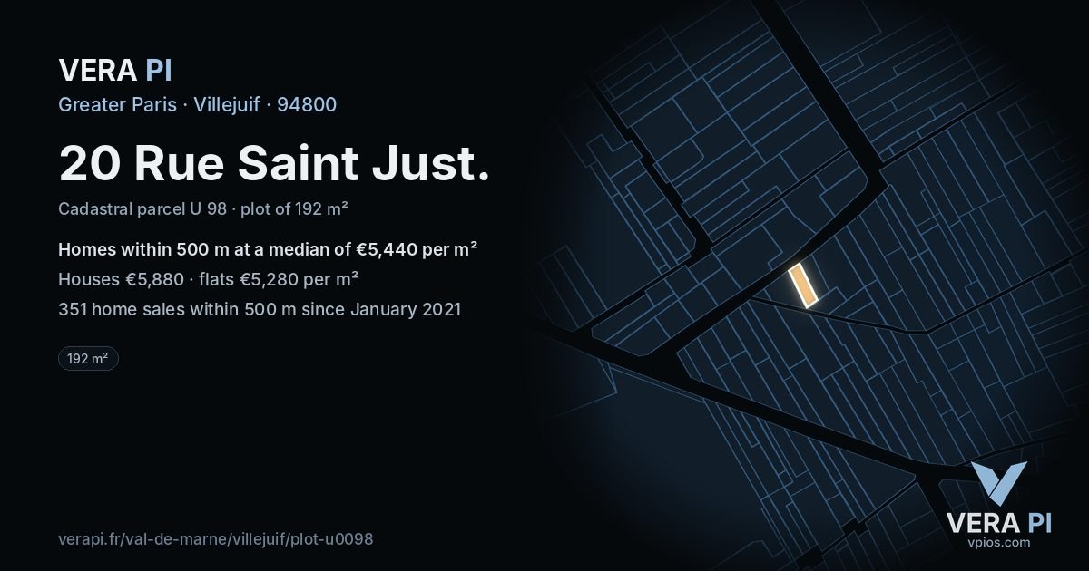 20 Rue Saint Just, Villejuif at night – the plot lit, the parcels around coloured by the prices near them