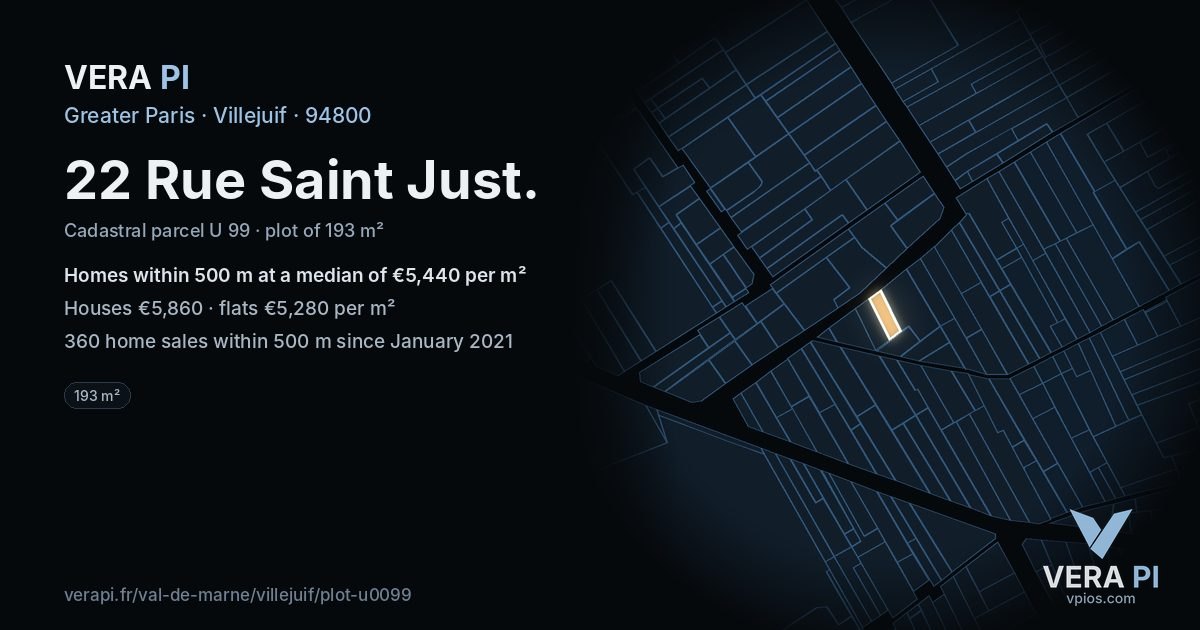 22 Rue Saint Just, Villejuif at night – the plot lit, the parcels around coloured by the prices near them