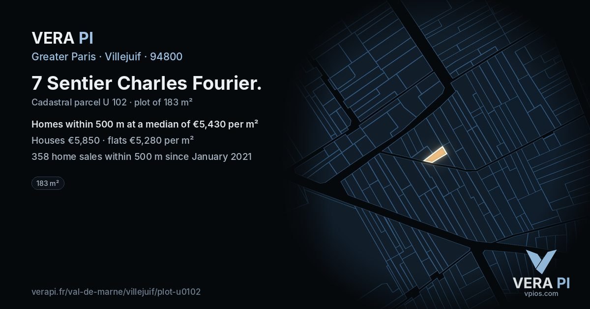 7 Sentier Charles Fourier, Villejuif at night – the plot lit, the parcels around coloured by the prices near them